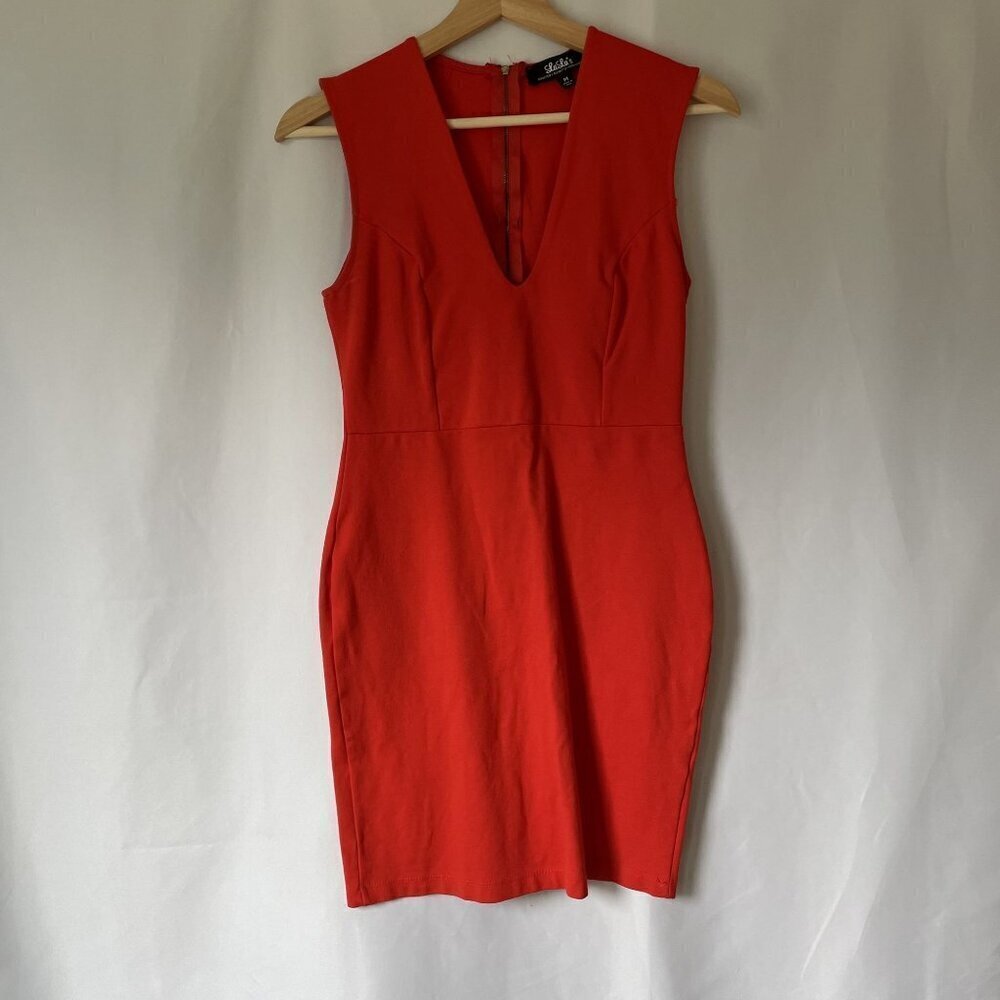 Lulu's bright orange‎ red bodycon sleeveless dress deep v-neck women size medium